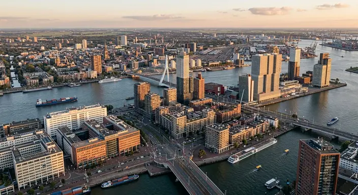 Skyline van Rotterdam met moderne kantoorgebouwen en stedelijke infrastructuur