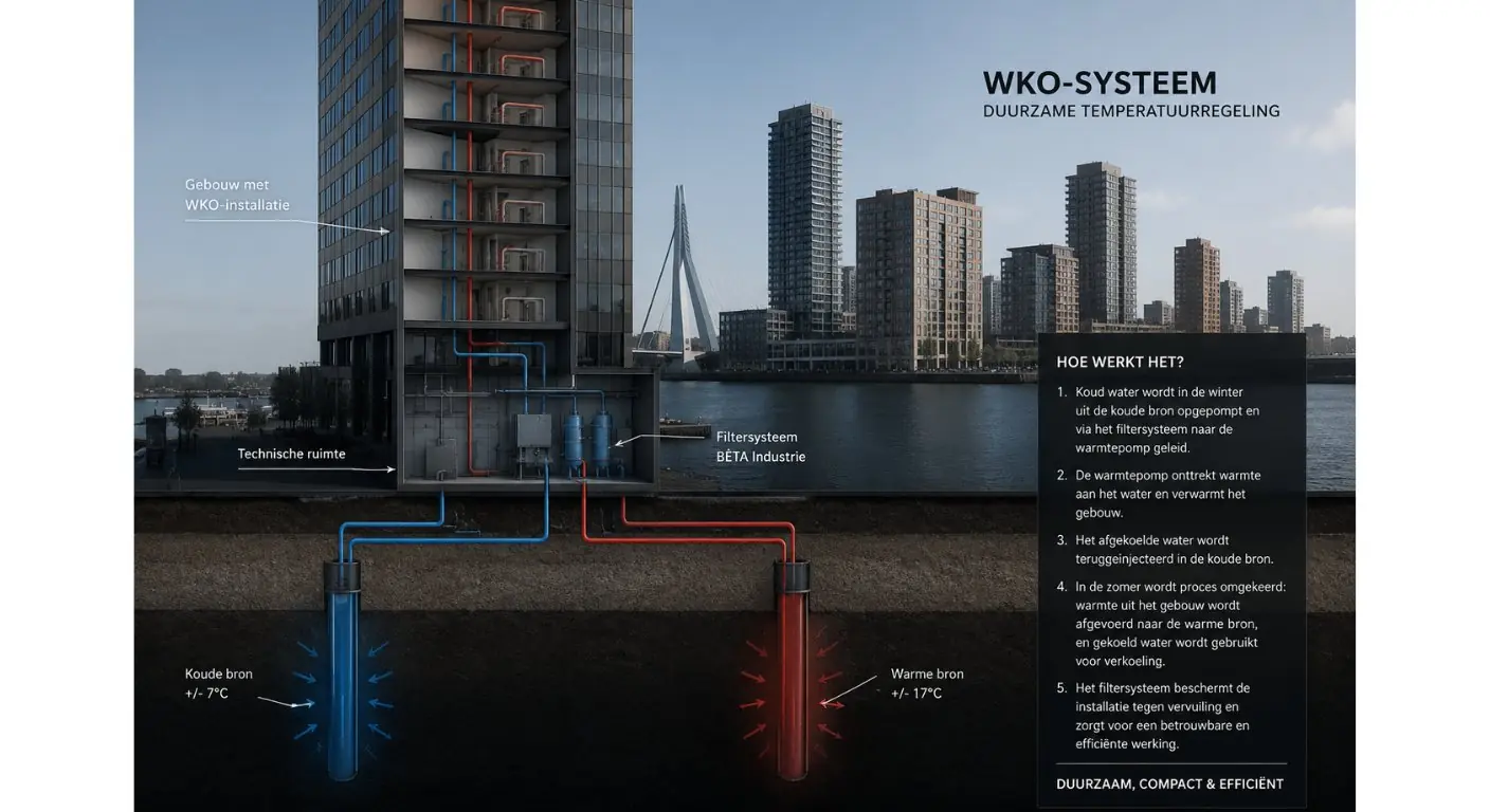 Illustratie van een WKO-systeem: warmte-koude opslag onder een gebouw