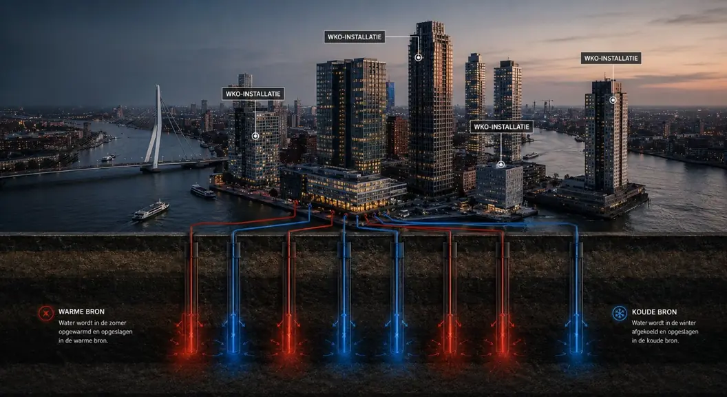 Stedelijk gebied met veel gebouwen met WKO-installaties in de Randstad